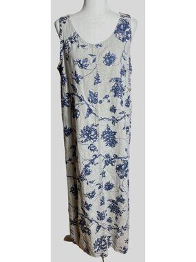 Vtg Garron Linen Dress Tank Column Maxi Floral Casual Coastal Boho Festival Wm L